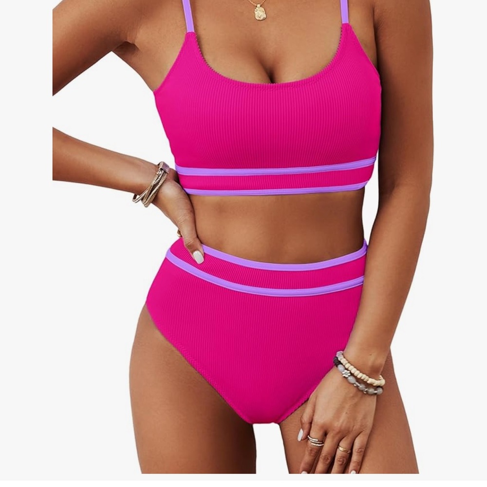Hot Pink High-Waist Ribbed Bikini Set